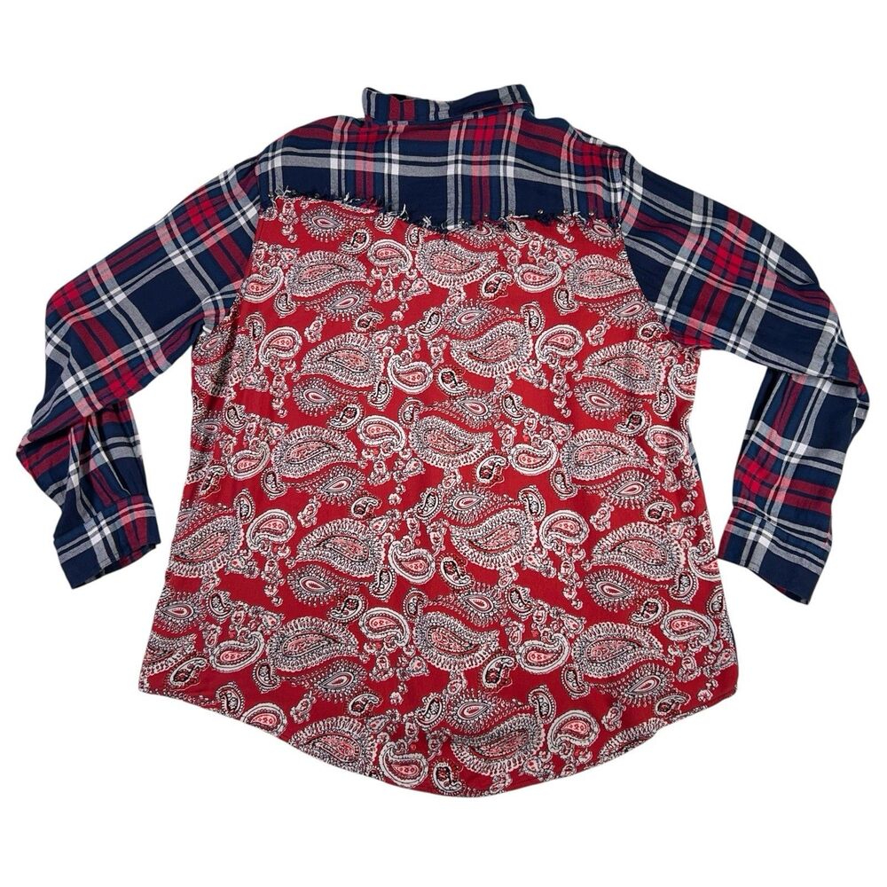 Lola P Shirt Women's Size XL Plaid Paisley Long Sleeve Button Up Red Blue Fringe